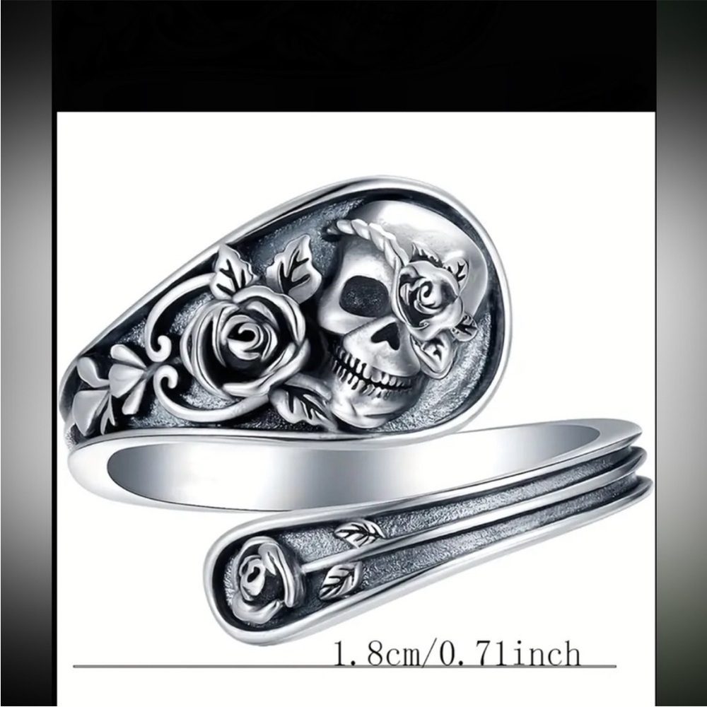 Silver Skull and Rose Ring wrap ring silver alloy adjustable one size women nwt
